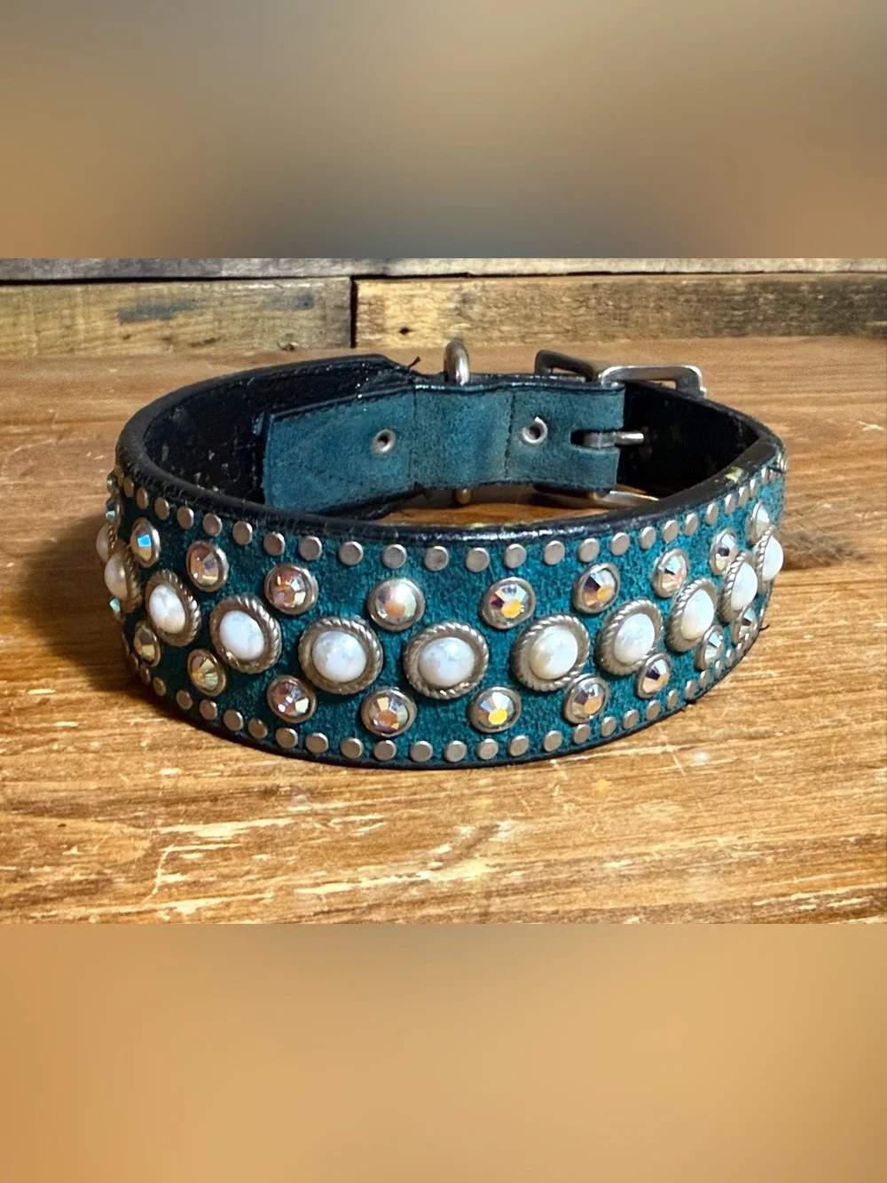 Woof Wear‎ Blingy Blue Studded Dog Collar Suede Diamond and Pearl Western Vtg 97